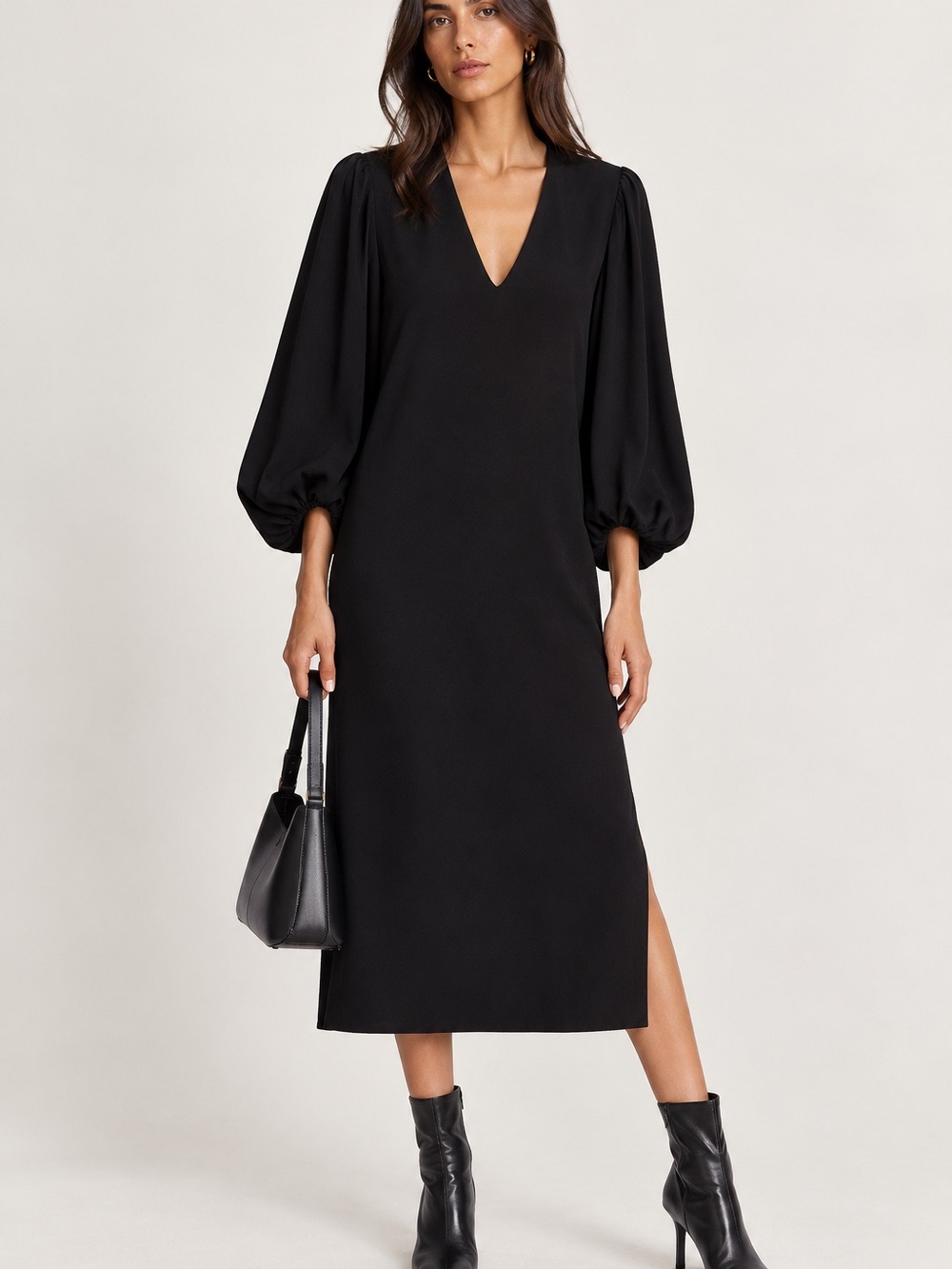 Ganni Black V-Neck Crepe Midi Dress with Balloon Sleeves